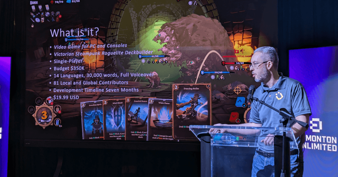 Isaac Otway presents their newly released game, Hunter's Moon: A Sovereign Syndicate Adventure, onstage at an Edmonton Unlimited event, standing at a clear podium in front of a large screen showing gameplay and development details.